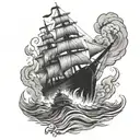 burning ship on land tattoo design idea