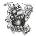 burning ship on land tattoo design idea