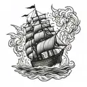 burning ship on land tattoo design idea