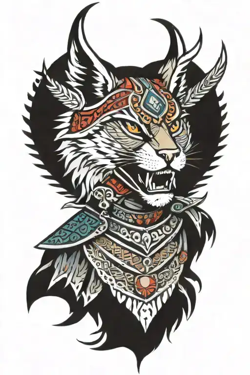 A fierce lynx warrior adorned with traditional Slavian armor and weapons tattoo design idea