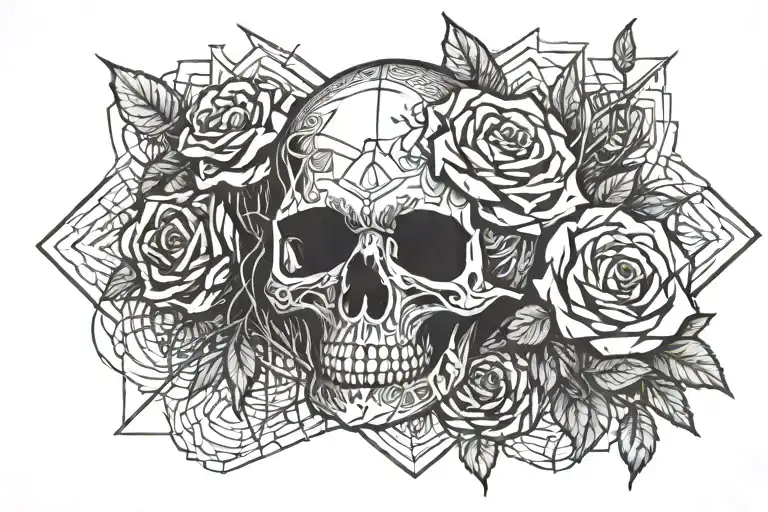 skull and rose coverd in fire  tattoo design idea