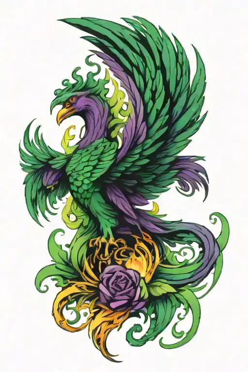 green and purple phoenix rising from the ashes tattoo design idea