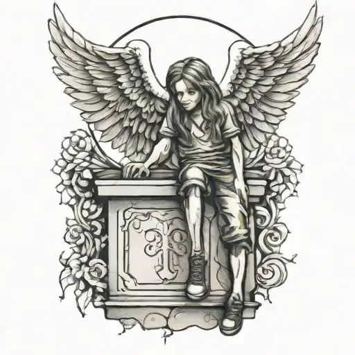 2/1/23 on grave stone and angel wings boy long hair  tattoo design idea