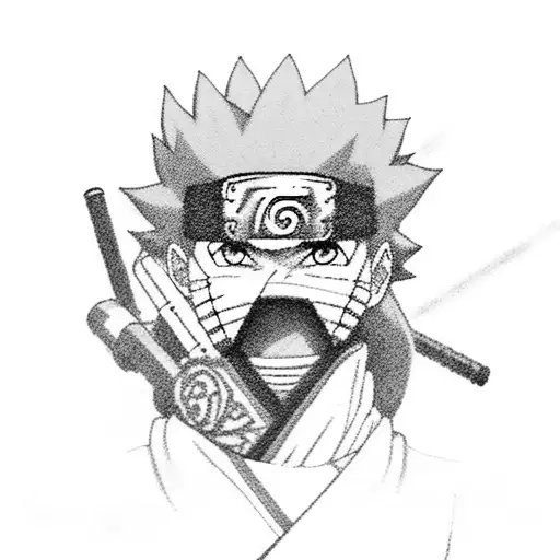 A detailed black and grey tattoo of Naruto and Counter-Strike characters teaming up tattoo design idea