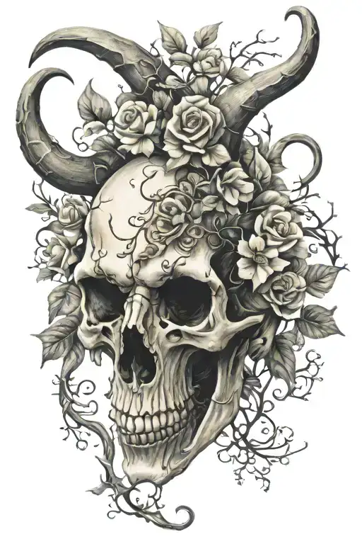 Capricorn skull flowers vines  tattoo design idea