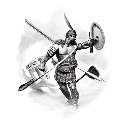 A Roman warrior battling a demon in an ancient castle tattoo design idea