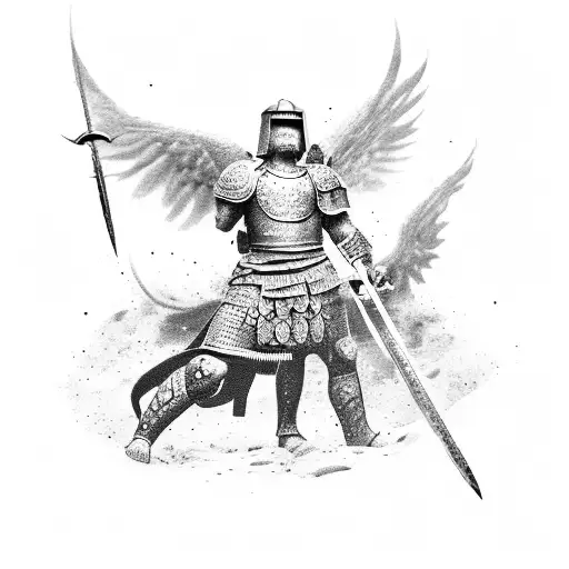 A dotwork tattoo of a Roman warrior covered in blood, standing atop a castle turret while fending off a demon and surrounded by a swarm of ravens tattoo design idea