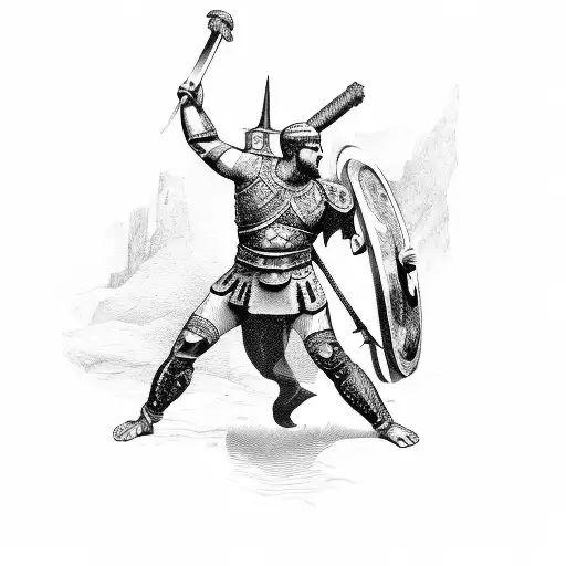 A Roman warrior battling a demon in an ancient castle tattoo design idea