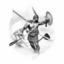 A Roman warrior battling a demon in an ancient castle tattoo design idea