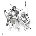 A Roman warrior battling a demon in an ancient castle tattoo design idea