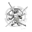 A Roman warrior battling a demon in an ancient castle tattoo design idea