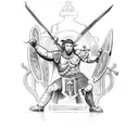 A Roman warrior battling a demon in an ancient castle tattoo design idea