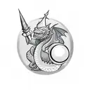 cool wizard holding an eight ball giving the middle finger with his other hand standing next to scary dragon tattoo design idea