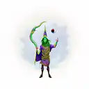 cool wizard holding an eight ball giving the middle finger with his other hand standing next to scary dragon tattoo design idea