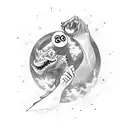 cool wizard holding an eight ball giving the middle finger with his other hand standing next to scary dragon tattoo design idea