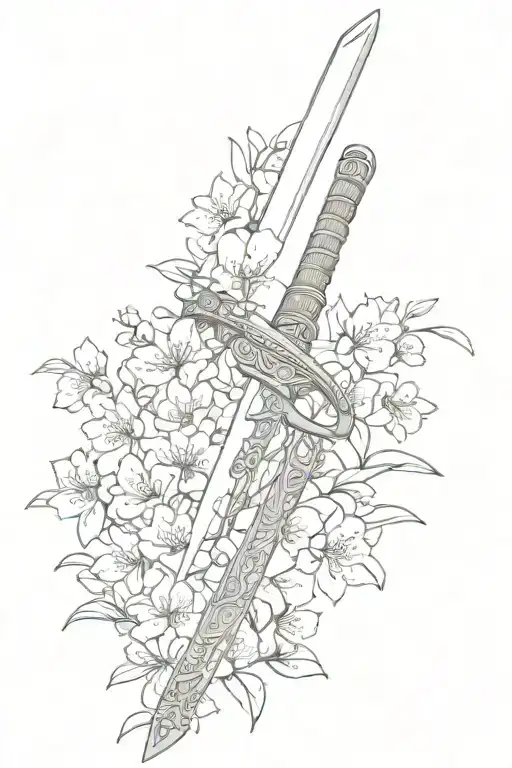 A katana sword with cherry blossoms and Japanese kanji symbols tattoo design idea