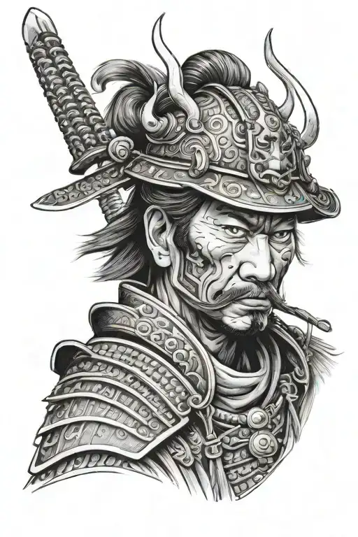 A detailed portrait of a legendary samurai with intricate armor and a stoic expression tattoo design idea
