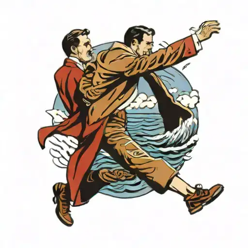 fully clothed man with rolled up brown pants and red jacket walking into ocean scene viewed from 100 feet behind     tattoo design idea
