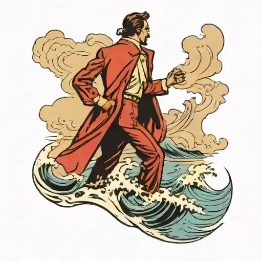 fully clothed man  with pants and red jacket walking into ocean scene viewed from behind    tattoo design idea