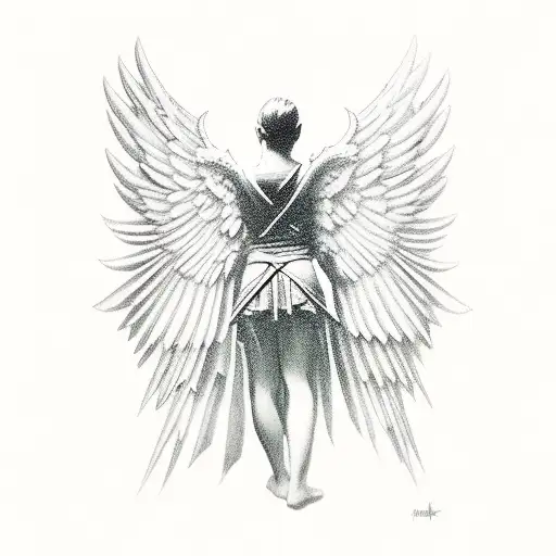 ark angel, ripped wings, battling demons, sword,  tattoo design idea