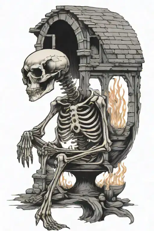 Watering skeleton sitting under burning bridge tattoo design idea