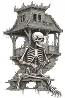 Watering skeleton sitting under burning bridge tattoo design idea