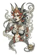 Demoness, smoke from the mouth with pronounced tattoo design idea