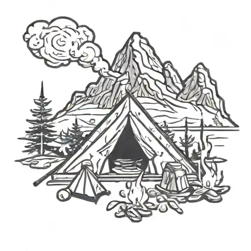 Camping mountains fire tattoo design idea