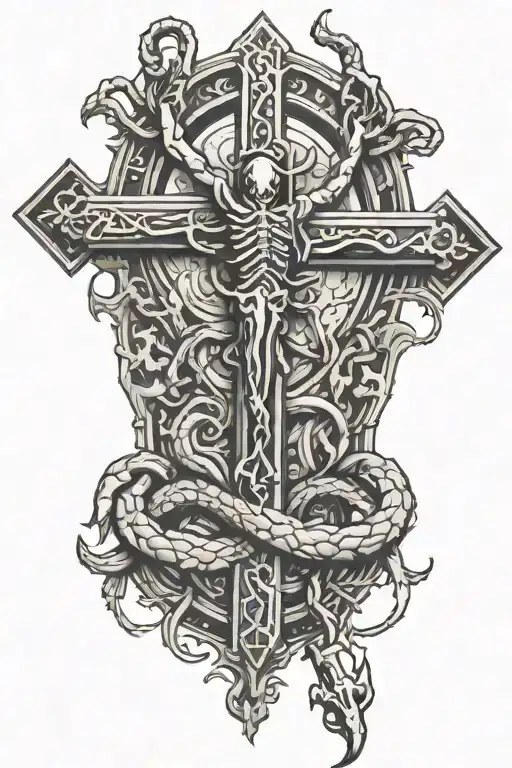 scorpion surrounding the crucifix intertwined tattoo design idea