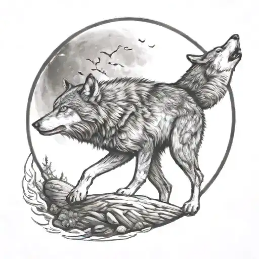 Wolf walking towards bright shining full moon tattoo design idea