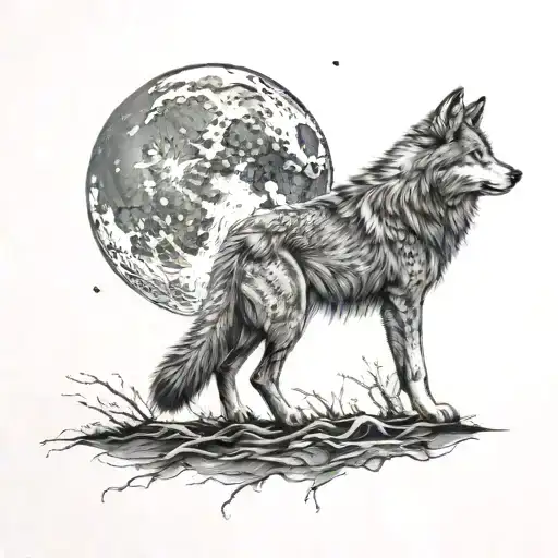Wolf walking towards bright shining full moon tattoo design idea