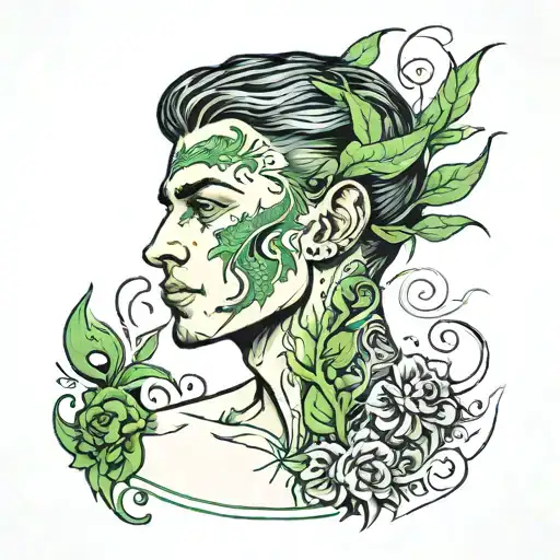 a guy with a feminine appearance with green ears and hickeys on his neck tattoo design idea