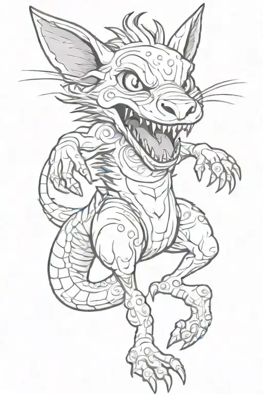 A sketch-style design of a Chupacabra in a playful pose, with exaggerated features and whimsical details tattoo design idea