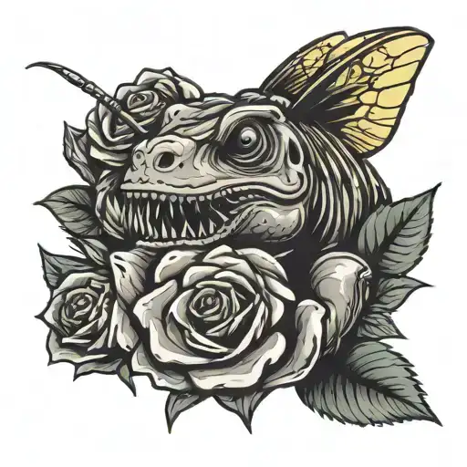 TRex holding a rose with a bumble bee tattoo design idea
