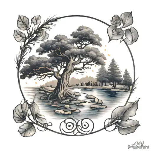 stars, trees, Winnie the Pooh, fire, foot prints, circle tattoo design idea