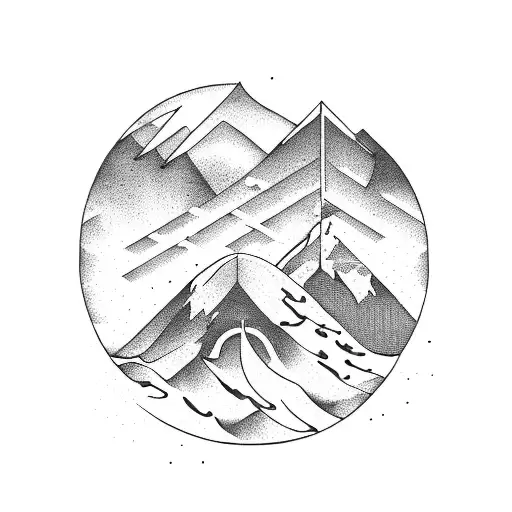 A triathlon symbol incorporated into a scenic mountain landscape tattoo design idea