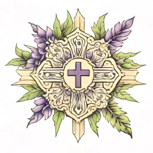New Mexico zia sun made with with purple larkspurs with a cross in the middle and the number 7 tattoo design idea