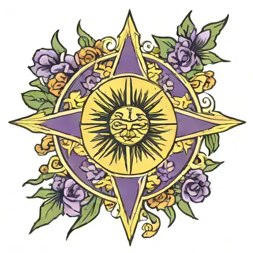 New Mexico flag sun made with with purple larkspurs with a cross in the middle tattoo design idea