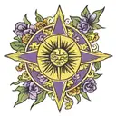 New Mexico flag sun made with with purple larkspurs with a cross in the middle tattoo design idea