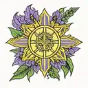 New Mexico flag sun made with with purple larkspurs with a cross in the middle tattoo design idea