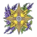 New Mexico flag sun made with with purple larkspurs with a cross in the middle tattoo design idea