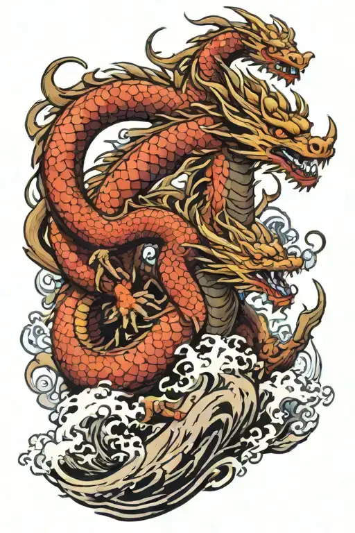 tattoo andry dragon on the temple , the boy is the owner of the dragon in font of the temple , background is big wave tattoo design idea