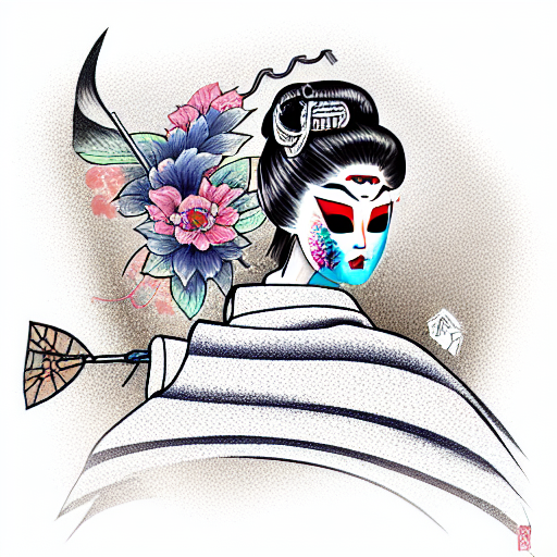 geisha in a kimono with an oni mask half off tattoo design idea