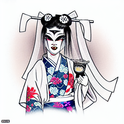 geisha in a kimono with an oni mask half off tattoo design idea