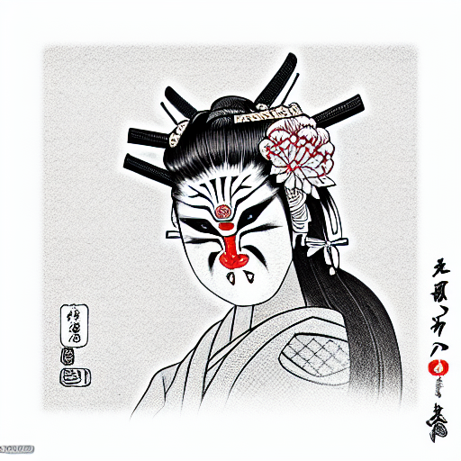 geisha in a kimono with an oni mask half off tattoo design idea