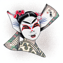 geisha in a kimono with an oni mask half off tattoo design idea