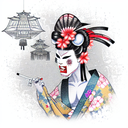 geisha in a kimono with an oni mask half off tattoo design idea