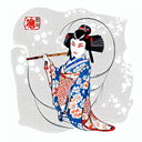geisha in a kimono with an oni mask half off tattoo design idea