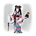geisha in a kimono with an oni mask half off tattoo design idea