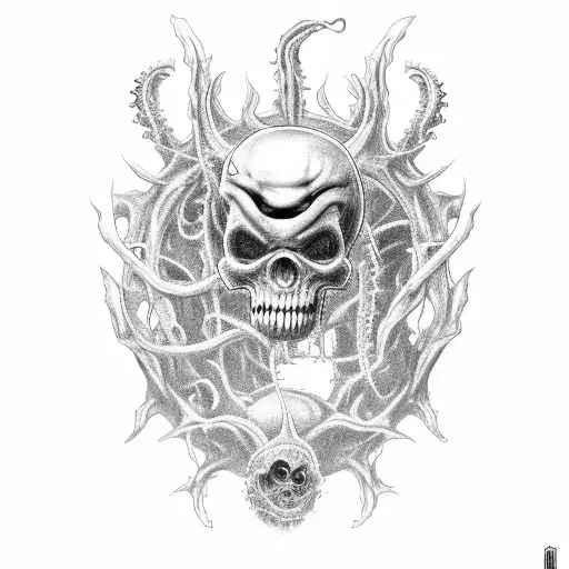 necromech, evil, black, grey, organic, spike, teeth, rose, arm sleeve, creepy, shoulder, forearm, tendrils, tentacles tattoo design idea